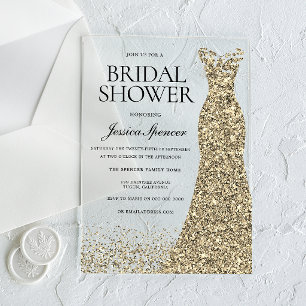 Golden Dress Elegance Bridal Shower Acrylic Invitations