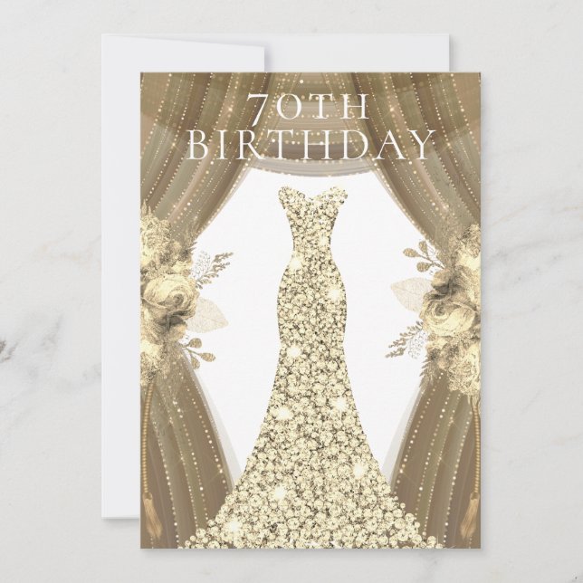 Golden Dress Flowers Elegant 70th Birthday Party Invitation (Front)
