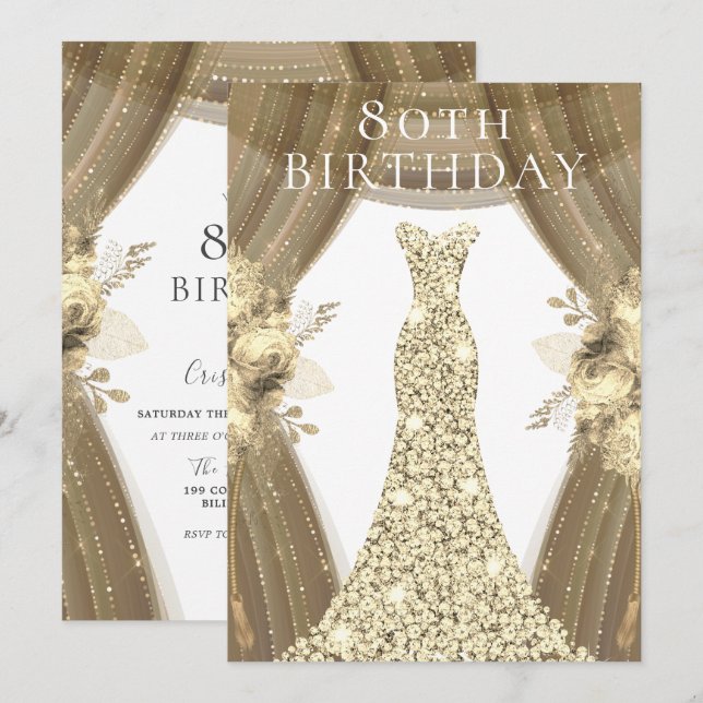 Golden Dress Flowers Elegant 80th Birthday Party Invitation (Front/Back)