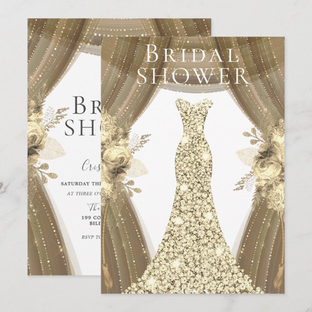Golden Dress & Flowers Elegant Bridal Shower Invitation (Front/Back)