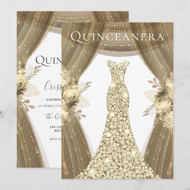 Golden Dress & Flowers Elegant Quinceanera Invitation (Front/Back)