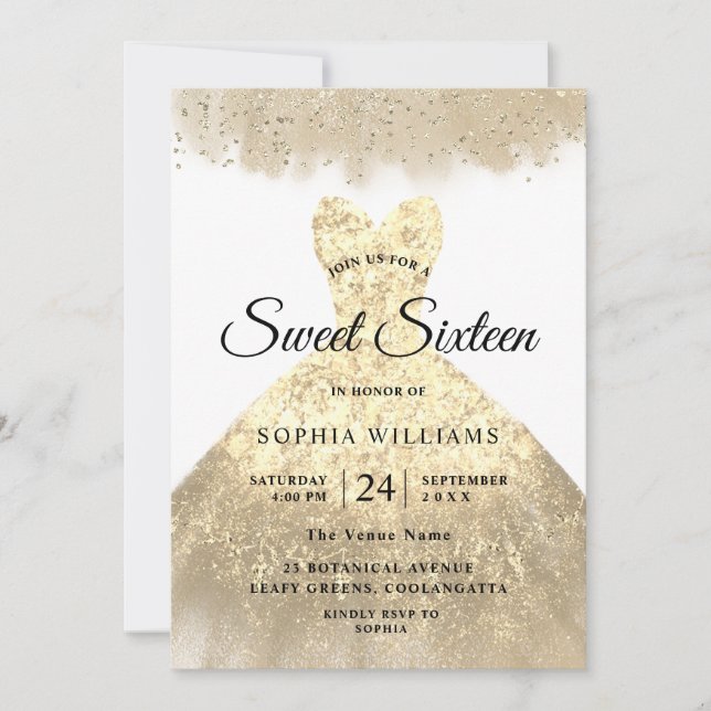 Golden Dress Gold Sweet 16 Birthday Party Invitation (Front)