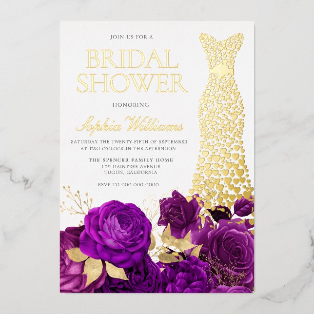 Golden Dress Purple Floral Bridal Shower Gold (Front)