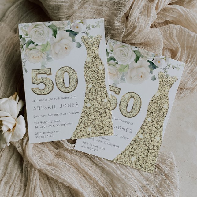 Golden Dress White Floral Roses 50th Birthday Invitation (Creator Uploaded)