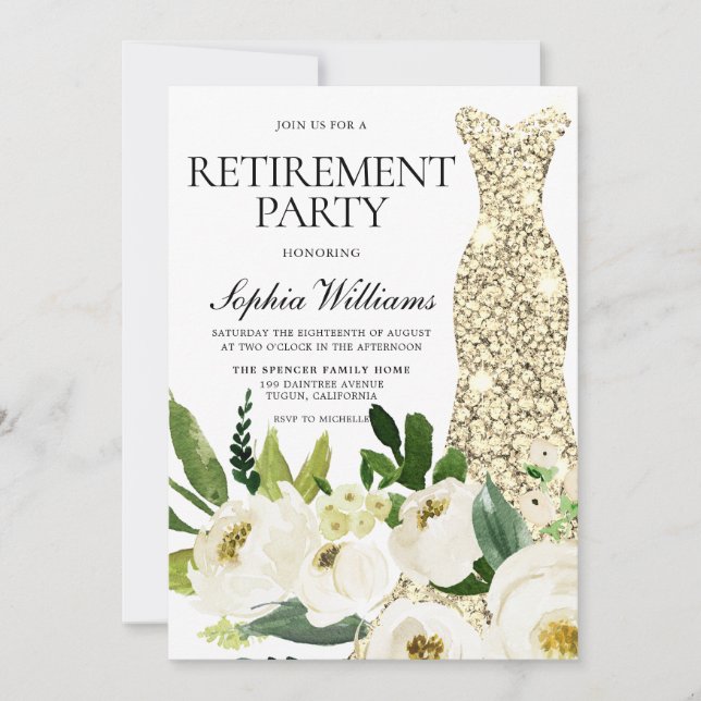 Golden Dress White Flowers Retirement Party Invitation (Front)