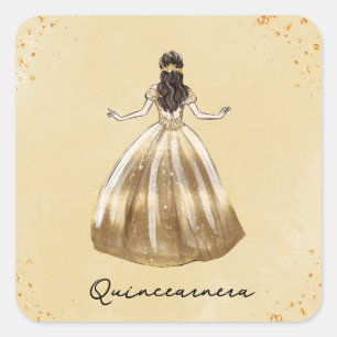 Golden Dress with Glitter Quinceanera Birthday  Square Sticker