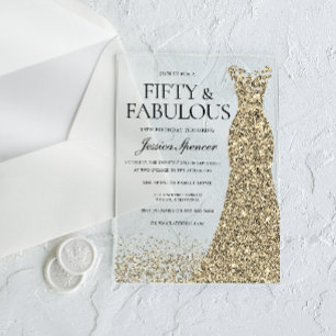 Golden Dress Womans 50th Birthday Party Acrylic Invitations