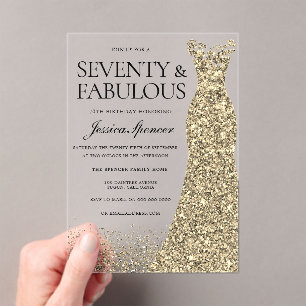 Golden Dress Womans 70th Birthday Party Acrylic Invitations