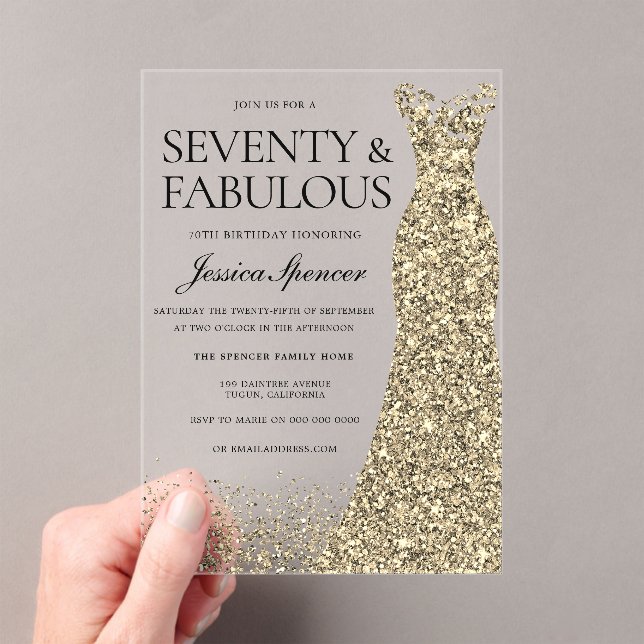 Golden Dress Womans 70th Birthday Party Acrylic Invitations (Insitu (Handheld))