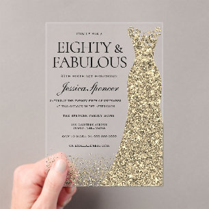 Golden Dress Womans 80th Birthday Party Acrylic Invitations