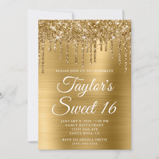 Golden Dripping Glitter Gold Foil Sweet 16 Invitation (Front)