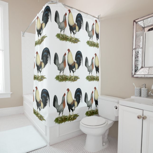 Golden Duckwing Chickens Shower Curtain (In Situ)