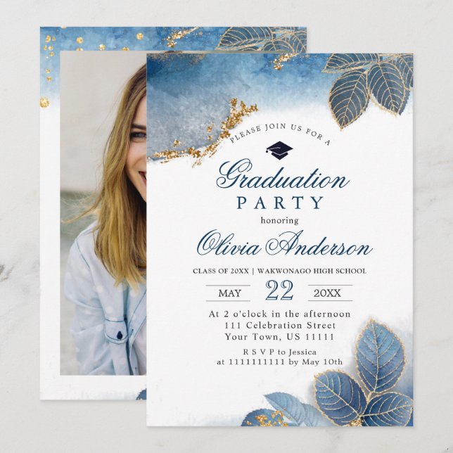 Golden Dusty Blue PHOTO Graduation Party Invitation (Front/Back)