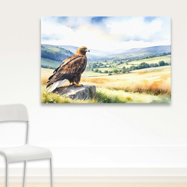 Golden Eagle Country Landscape Watercolor Style  Canvas Print (Canvas wall art in a watercolor style, of a golden eagle perched on a rock in open countryside)
