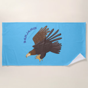 Golden eagle funny cartoon illustration beach towel