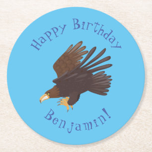 Golden eagle funny cartoon illustration round paper coaster