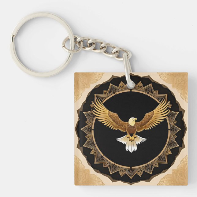 Golden Eagle on Geometric Mandala Key Ring (Front)
