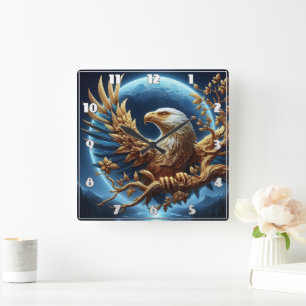 Golden Eagle Perched on Branch at Dusk Square Wall Clock