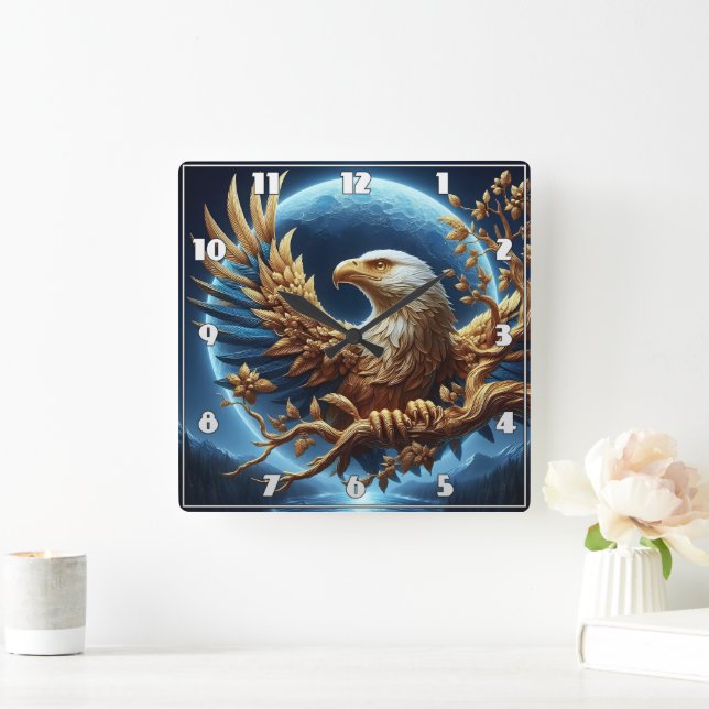 Golden Eagle Perched on Branch at Dusk Square Wall Clock (Home)