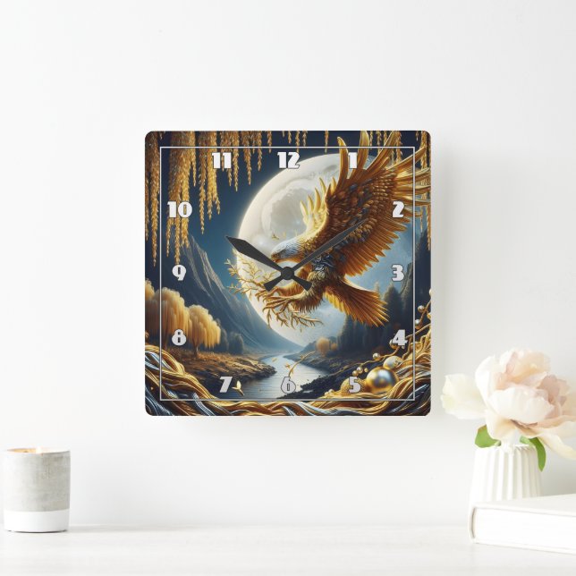 Golden Eagle Perched on Branch at Nighttime Square Wall Clock (Home)
