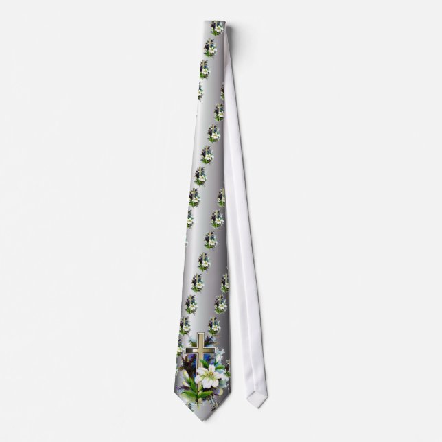 Golden Easter Cross - White Lilly Flowers - Silver Tie (Front)