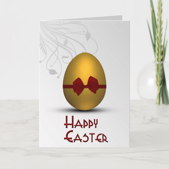 Golden Easter Egg with Bow Floral Swirl Pattern Holiday Card (Front)