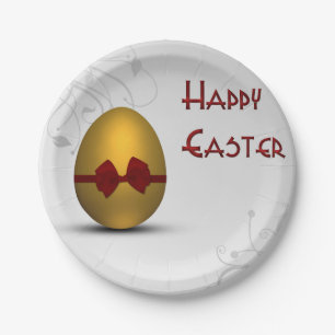 Golden Easter Egg with Bow Floral Swirl Pattern Paper Plate