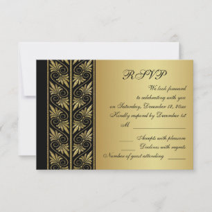 Golden effect damask on black Wedding RSVP Card