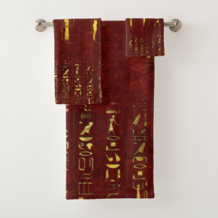 Golden Egyptian Gods and hieroglyphics on leather Bath Towel Set