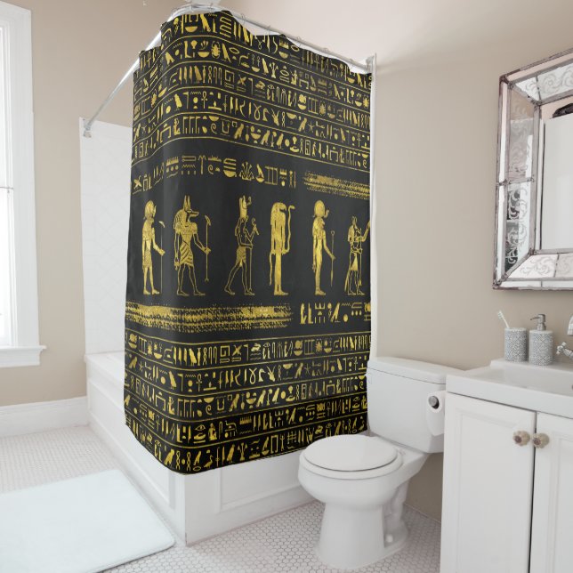 Golden Egyptian Gods and hieroglyphics on leather Shower Curtain (In Situ)