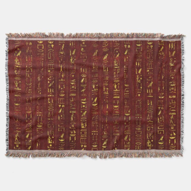 Golden Egyptian  hieroglyphics on red leather Throw Blanket (Front)