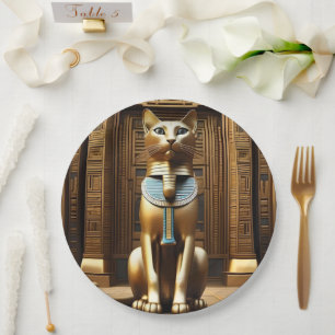Golden Egyptian Pharaoh Cat Statue, Paper Plate