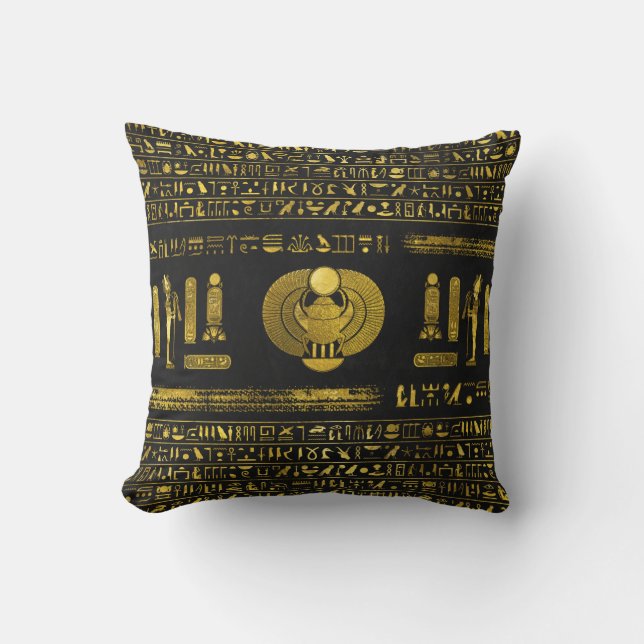 Golden Egyptian Scarab  on black leather Cushion (Front)