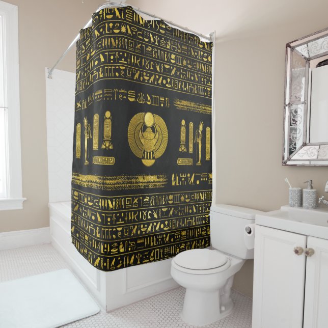Golden Egyptian Scarab  on black leather Shower Curtain (In Situ)