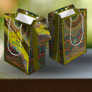 Golden Eid Mubarak ornamental pattern Yellow Green Medium Gift Bag