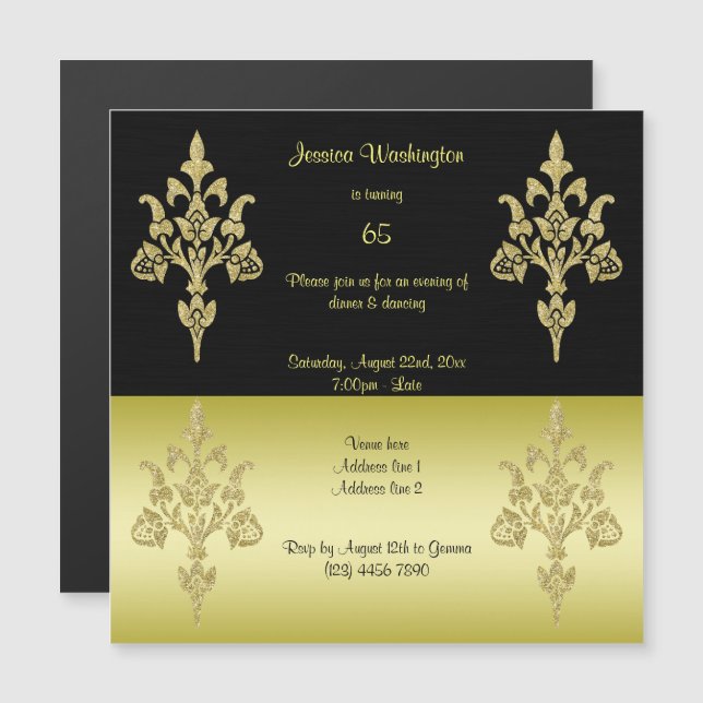 Golden Elegance 65th Birthday Party Magnetic Invitation (Front/Back)