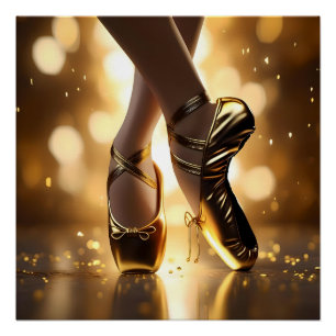 Golden Elegance: Ballerina Shoes on Gold Bokeh Poster