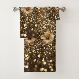 Golden Elegance: Gold Hibiscus Shimmer Bath Towel Set