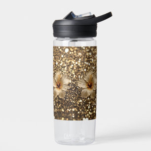 Golden Elegance: Gold Hibiscus Shimmer Water Bottle