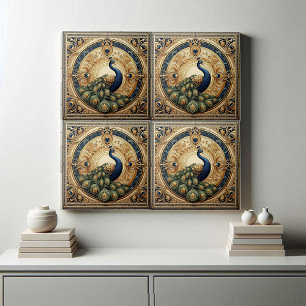 Golden Elegance Majestic Peacock Feather Art Deco Tile