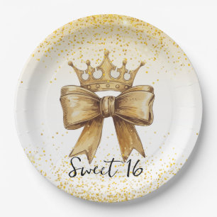 Golden Elegance: Sweet 16 Crown & Bow Glitter Paper Plate