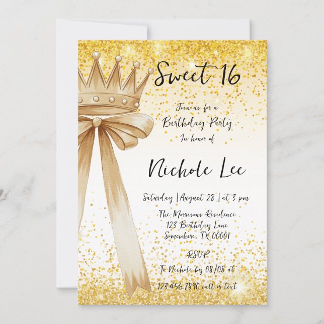 Golden & Elegance: Sweet 16 Crown & Bow Invitation (Front)