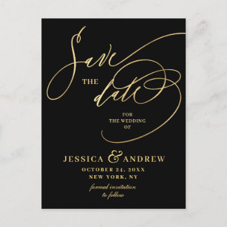Golden Elegant Calligraphy Wedding Save the Date Postcard