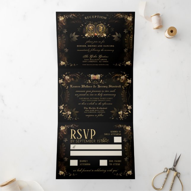 Golden Elegant Skeletons RECEPTION & NON-MENU RSVP Tri-Fold Invitation (Inside)