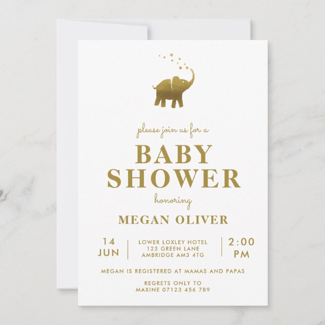 Golden Elephant Baby Shower Invitation (Front)