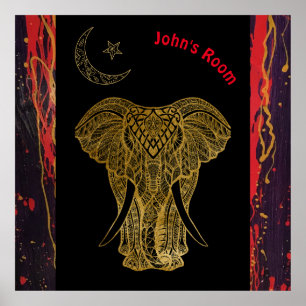 Golden Elephant with red swirls. Editable name Poster