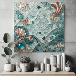 Golden Embellishment Aqua Blue Bubbles Mosaic Cool Tile