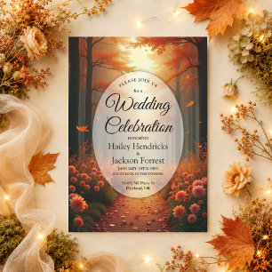 Golden Ember Autumn Woodland Stroll Wedding Invitation