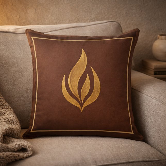 Golden Ember Glow Throw Pillow (Warm brown and gold flame accent for layered neutral living spaces.)