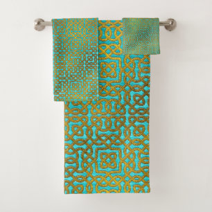 Golden Embossed Celtic Pattern on blue wood Bath Towel Set
